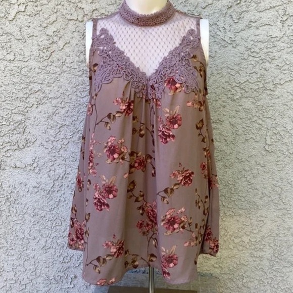 Xhilaration Tops - Muave Floral Sleeveless Sheer with Mesh Blouse